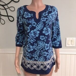 Tommy Bahama Floral Embroidered Top Hoani Hibiscus Quarter Sleeve size Medium